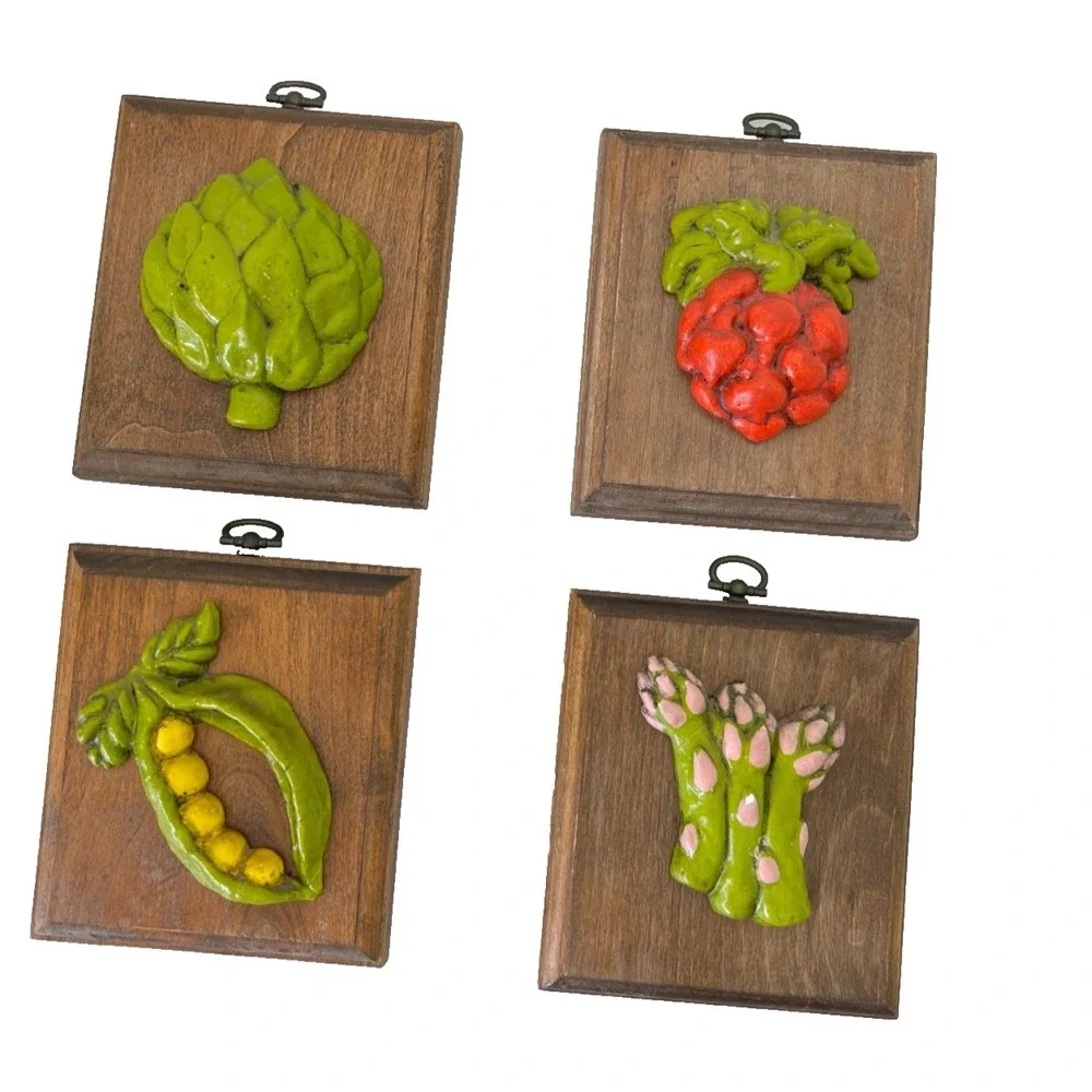 70s Giftcraft Kitsch 3D Vegetable Plaques Retro Kitchen Wall Decor Set 4 Garden